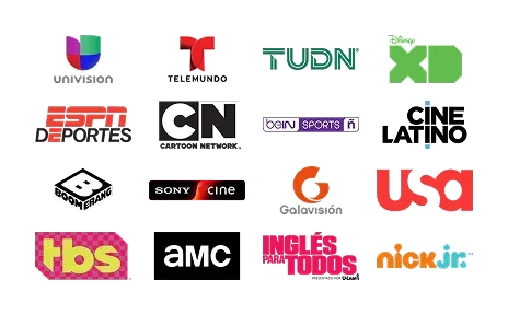 ogos for various television channels including Univision, Telemundo, TUDN, Disney XD, ESPN Deportes, Cartoon Network, beIN SPORTS ñ, Boomerang, Sony Cine, Galavisión, USA, TBS, AMC, INGLÉS PARA TODOS, and Nick Jr.
